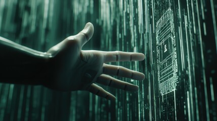 A hand interacts with a digital interface of a smartphone, surrounded by cascading binary code in a futuristic, cyber environment, virtual AI hologram