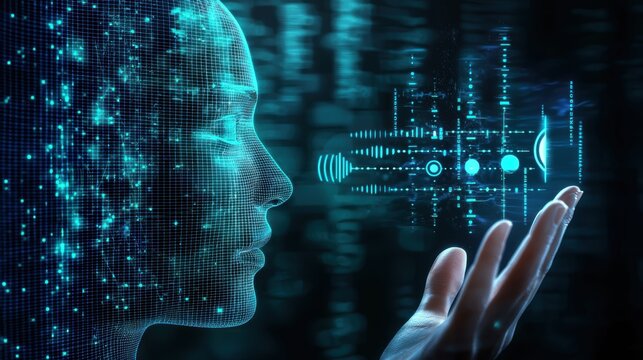 A digital wireframe human face interacts with a holographic interface, symbolizing AI, data visualization, and futuristic technology, virtual AI hologram