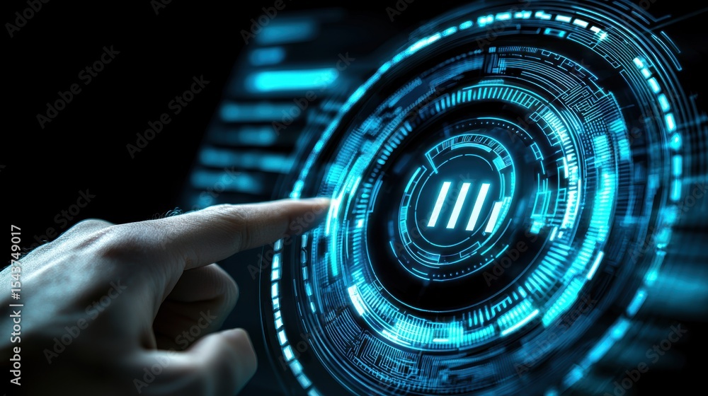 Poster a hand interacts with a futuristic digital interface featuring glowing blue holographic elements and