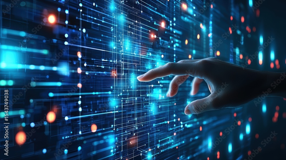 Poster a hand interacts with a futuristic digital interface displaying blue and orange data points and line