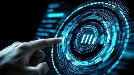 Fototapeta premium A hand interacts with a futuristic digital interface featuring glowing blue holographic elements and circular data visualization, virtual AI hologram