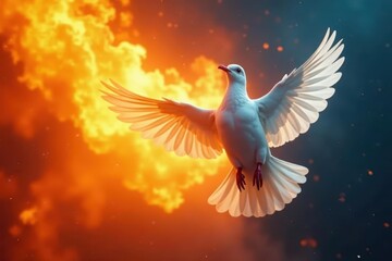 Fiery Pentecost scene, white dove in bright flames , sacred, artistic