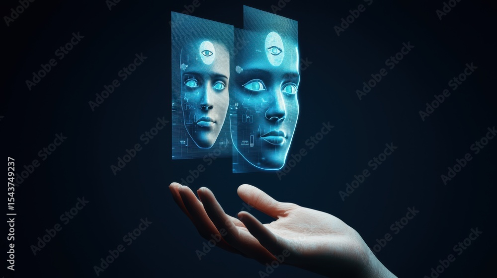Poster a hand holds two floating digital faces with glowing eyes, symbolizing artificial intelligence and f