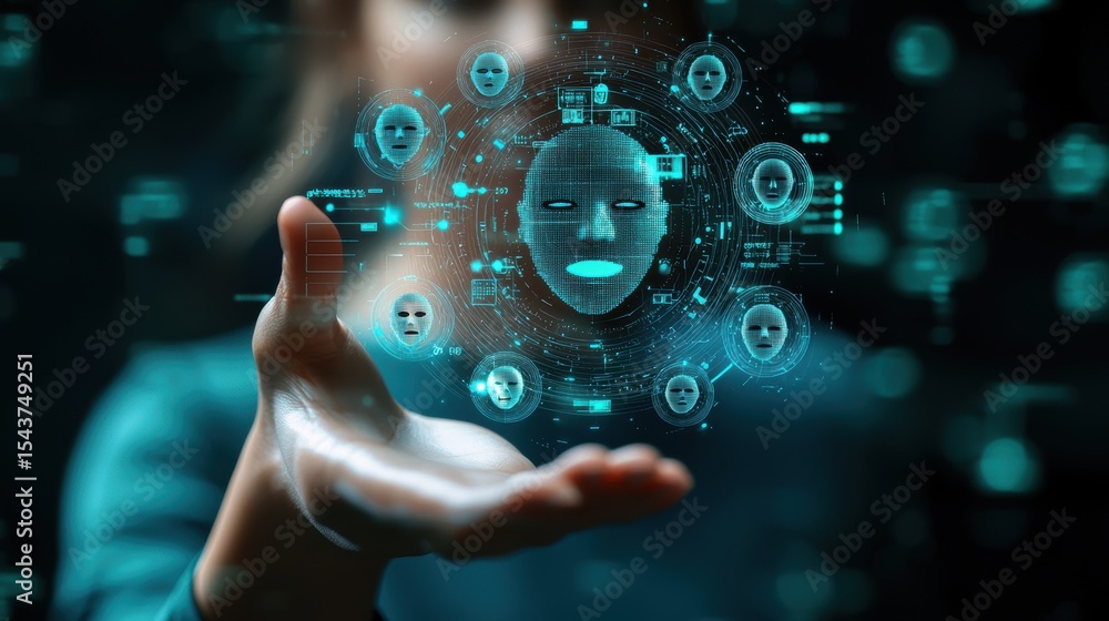 Poster a digital holographic face projection with connected user icons floats above an outstretched hand in