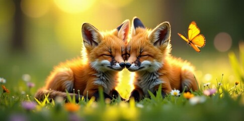 Sleepy fox cubs nestled in a sunbeam with butterflies, calm, fluffy, sleep
