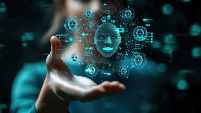 A digital holographic face projection with connected user icons floats above an outstretched hand in a futuristic, high-tech environment, virtual AI hologram - Powered by Adobe