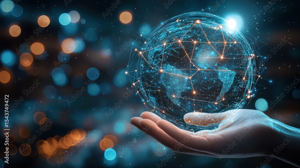 Poster a digital globe with interconnected nodes floats above an open hand, symbolizing global connectivity