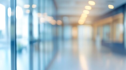 Abstract blurred background of a modern sunlit office corridor with glass walls and reflections