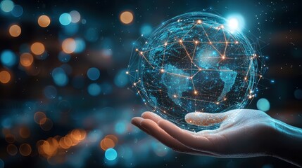 A digital globe with interconnected nodes floats above an open hand, symbolizing global connectivity and advanced technology in a futuristic, glowing environment, virtual AI hologram