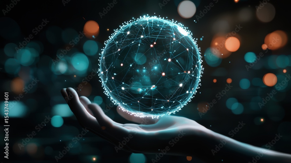Poster a digital hand holds a glowing network globe composed of interconnected nodes, representing technolo