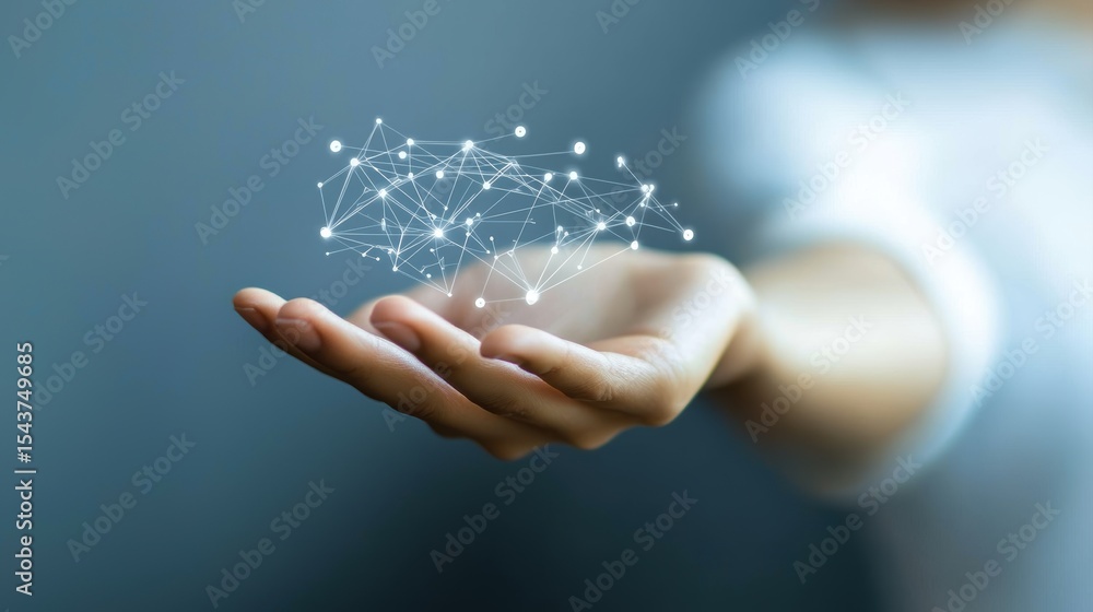 Poster a hand holds a floating network of connected nodes and lines, symbolizing digital connectivity and a