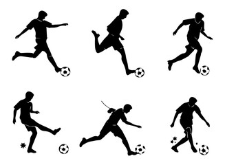 A big collection of  Dynamic Soccer Player Silhouettes in Action Kicking Running and Jumping with the Ball. football players people playing football soccer 