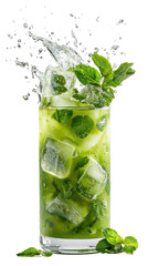 Refreshing Iced Matcha Tea with Mint and Ice Cubes on Transparent Background

