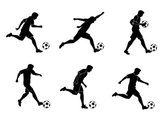 A big collection of  Dynamic Soccer Player Silhouettes in Action Kicking Running and Jumping with the Ball. football players people playing football soccer 