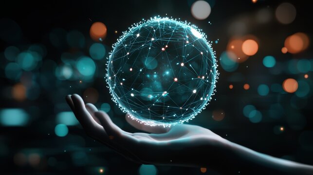 A digital hand holds a glowing network globe composed of interconnected nodes, representing technology, connectivity, and futuristic innovation, virtual AI hologram