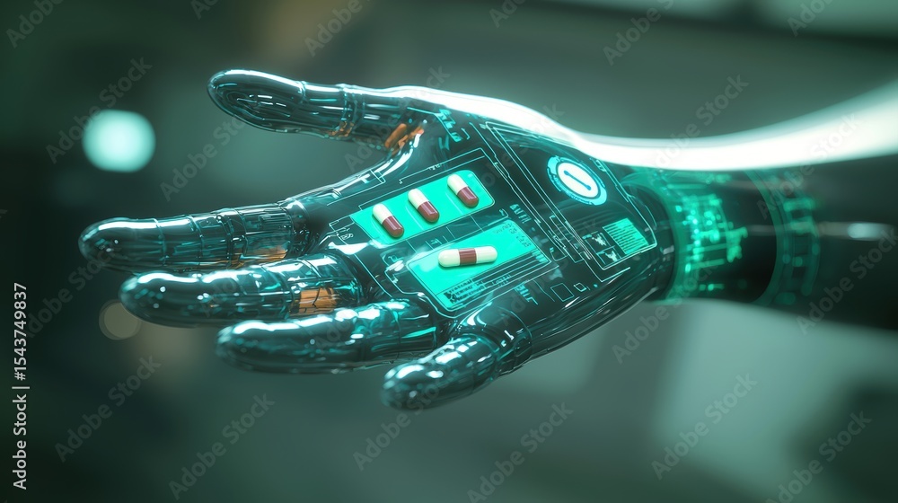Poster a futuristic robotic hand with intricate circuitry and glowing elements, symbolizing advanced techno