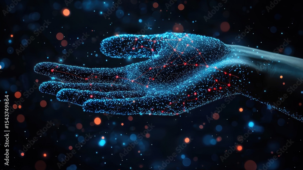 Poster a digital hand composed of glowing blue particles and red connecting lines floats in a dark space fi