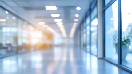 Brightly lit and empty modern office hallway with glass windows, serving as a clean, professional business background
