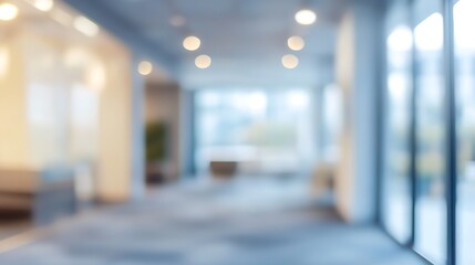 Abstract defocused view of a modern corporate office interior, a bright and empty hallway with a blurred background for business concepts