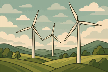 Windmill Landscape Vector Scene Dutch Countryside & Farm Silhouettes EPS