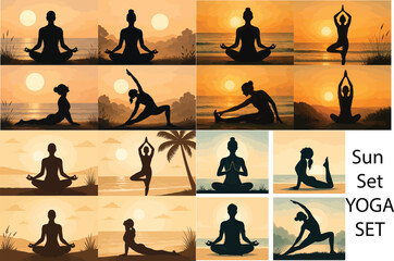 Sunset Yoga Silhouette Vector Set Peaceful Poses & Nature Scenes EPS