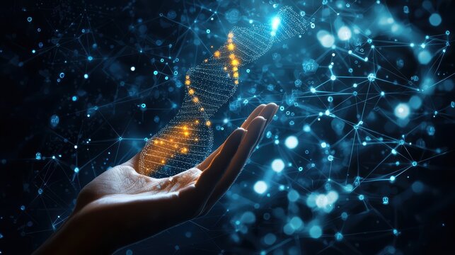 A hand holds a glowing digital DNA strand surrounded by a network of interconnected data points and futuristic technological elements, virtual AI hologram