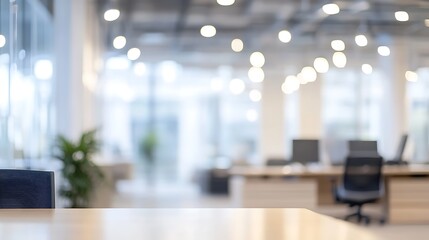Empty wooden table top with a blurred view of a modern office interior background, ideal for product display or montage