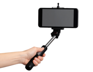 Smartphone Attached to Selfie Stick with Remote Shutter, isolated on transparent background.
