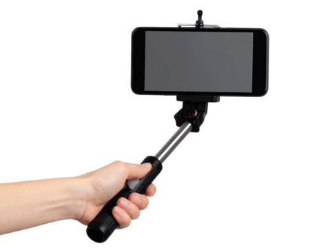 Smartphone Attached to Selfie Stick with Remote Shutter, isolated on transparent background.