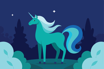 Naklejka premium Enchanted Teal Unicorn in a Mystical Night Forest Illustration