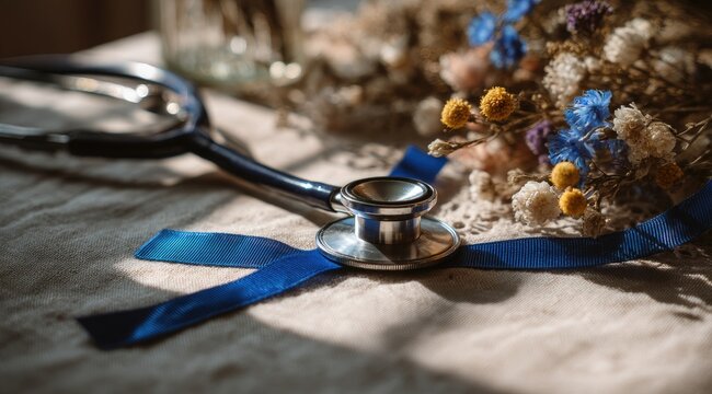 A dark-blue stethoscope rests on a beige fabric, adorned with a blue ribbon and near dried flowers, bathed in sunlight