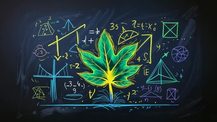 Revealing chalkboard featuring green-yellow leaf in school, with colorful math sketches - Powered by Adobe