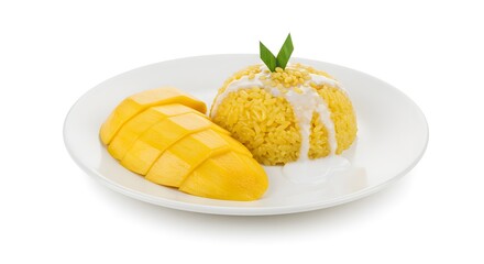 Thai Mango Sticky Rice Dessert with Coconut Sauce Isolated on White Background