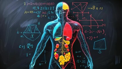 Starting rotation causing translucent torso model revealing glowing organs over chalkboard formulas - Powered by Adobe