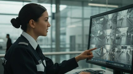 Monitoring the Monitor: A security professional intently observes a computer screen displaying multiple surveillance camera feeds.