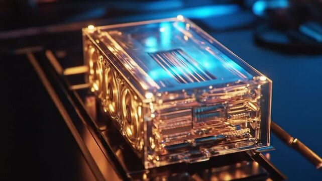 Transparent, golden computer chassis with cooling fans