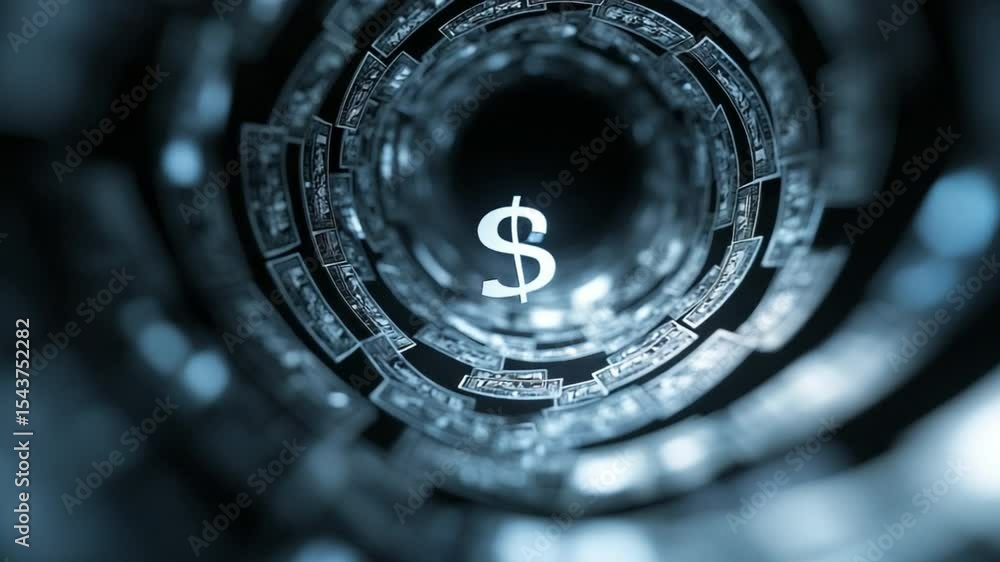 Poster tunnel of currency: a captivating view of a dollar symbol at the end of a high-tech tunnel, symboliz
