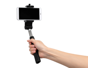 Compact Camera Mounted on Extendable Selfie Stick, isolated on transparent background.