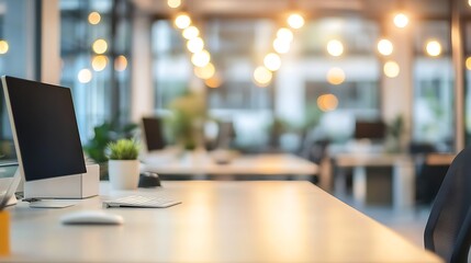 Modern Office Workspace with Blurred Background and Desk Essentials