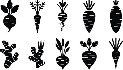 Collection of black and white vector illustrations of various root crops