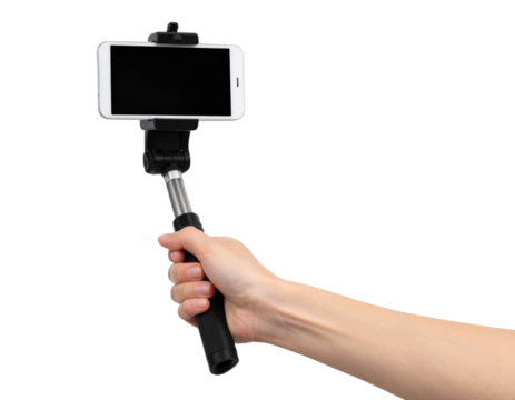 Compact Camera Mounted on Extendable Selfie Stick, isolated on transparent background.