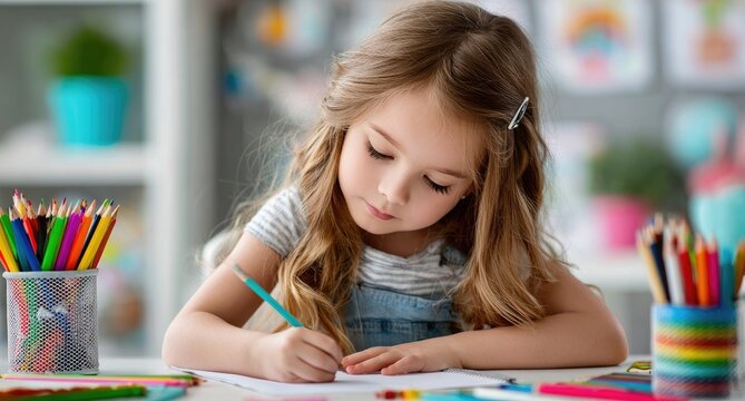 A girl is drawing with crayons on paper in the study room. A white desk and chair are provided for children to do their homework. - Powered by Adobe