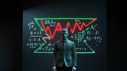 Pulling back camera revealing man wearing formula suit at dark studio, with neon math visuals - Powered by Adobe