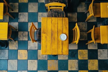 Cinematic, top-down view of yellow wooden tables and chairs centered on an old-fashioned checkered tile