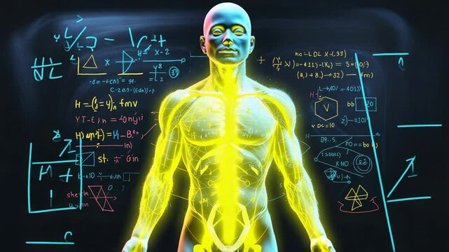 Zooming out camera revealing glowing torso model in dark lab, showing network lines and equations