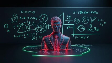 Materializing holographic male bust pulsing grid suit lines on neon platform, math panel demo - Powered by Adobe