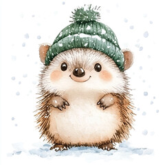 Adorable Hedgehog in a Winter Hat Watercolor Style