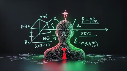 Pulsing marker scanning wireframe bust with red tie at dark interface with green graphs, formulas - Powered by Adobe