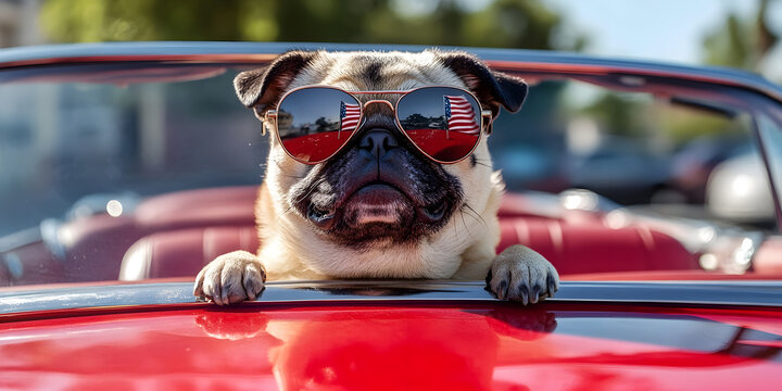 Patriotic Pug in Car,American Flag Sunglasses,Cool Dog Picture,Celebration Image,Pet in Auto Photo,Driving Pug,Summer Pup,Red Convertible