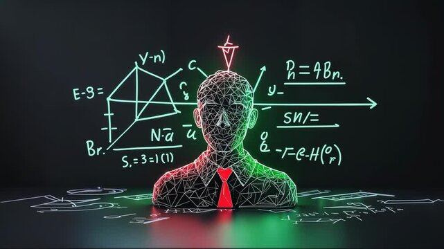 Pulsing marker scanning wireframe bust with red tie at dark interface with green graphs, formulas